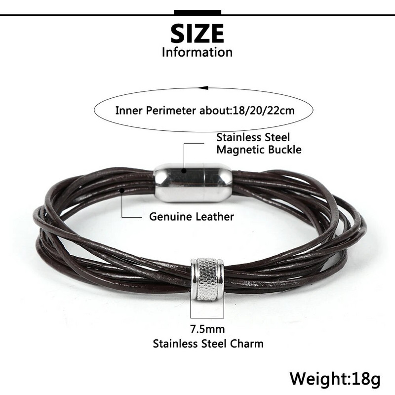 2022 új férfi női fekete barna rétegű marhabőr zsinór mandzsetta csuklópánt ékszerek rozsdamentes acél mágneses csatos varázskarkötő
