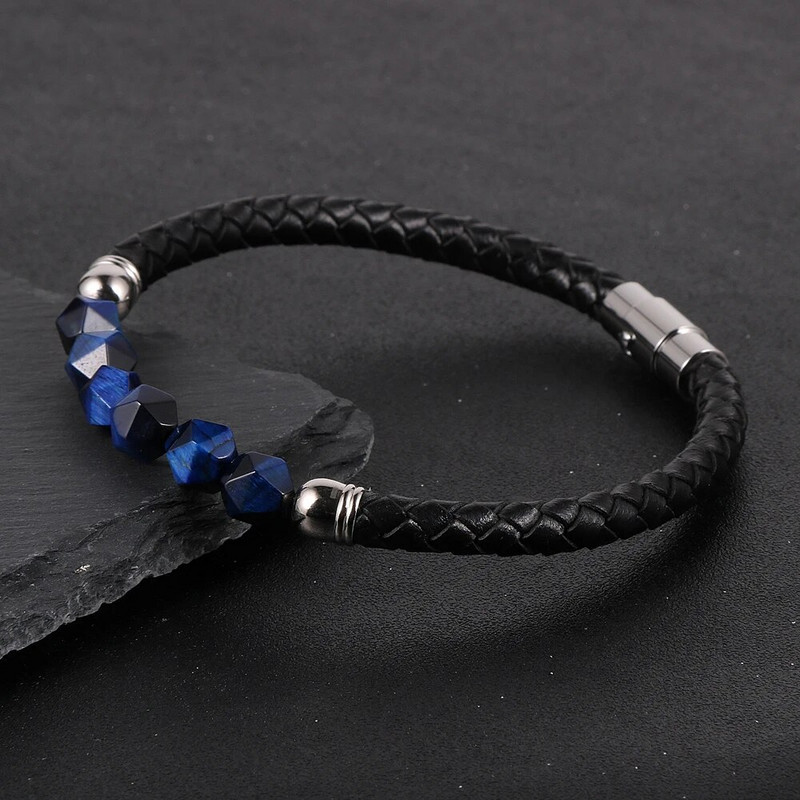 Καυτές εκπτώσεις Ανδρικά Γυναικεία Γνήσιο δέρμα Βραχιόλι Φυσική Πέτρα Πρόσωπα Τίγρης Μάτι Αχάτες Χάντρες Βραχιόλια Πόρπη από ανοξείδωτο ατσάλι