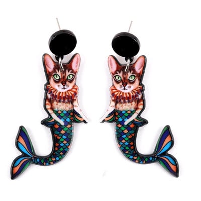 2023 Cute Music Cat Mermaid Ακρυλικά Κρεμαστά σκουλαρίκια για γυναίκες Αστεία Κιθάρα με ανεμιστήρα κινουμένων σχεδίων Black Cats Drop Earring Vintage Κοσμήματα