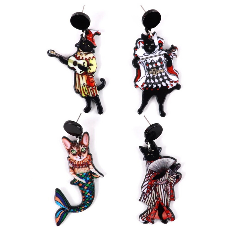 2023 Cute Music Cat Mermaid Ακρυλικά Κρεμαστά σκουλαρίκια για γυναίκες Αστεία Κιθάρα με ανεμιστήρα κινουμένων σχεδίων Black Cats Drop Earring Vintage Κοσμήματα