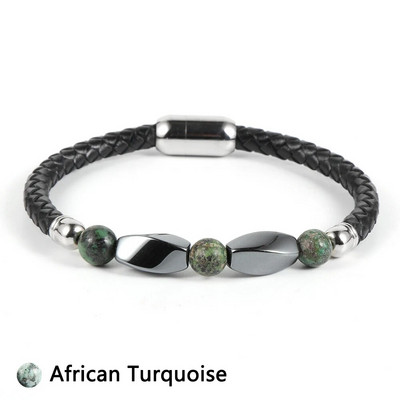 Férfi női rozsdamentes acél csat Természetes kővel borított hematit türkiz gyöngyök karkötők valódi bőr karkötő ékszerek