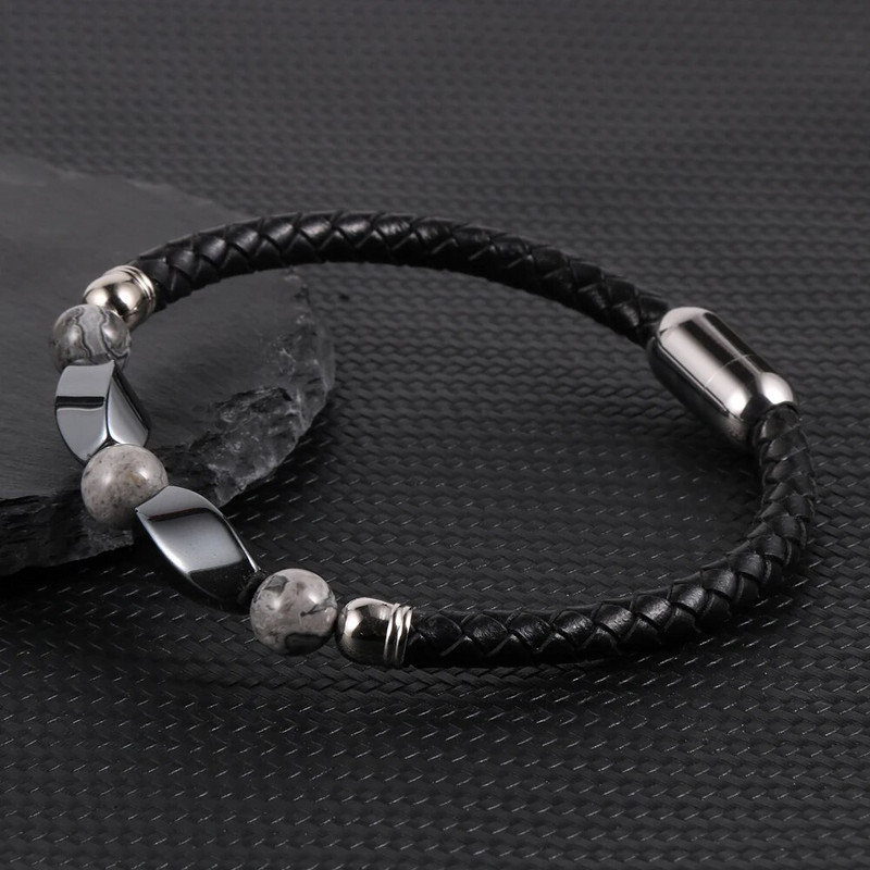 Férfi női rozsdamentes acél csat Természetes kővel borított hematit türkiz gyöngyök karkötők valódi bőr karkötő ékszerek