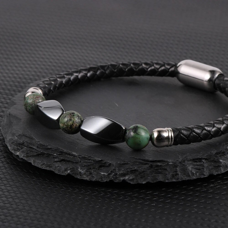 Férfi női rozsdamentes acél csat Természetes kővel borított hematit türkiz gyöngyök karkötők valódi bőr karkötő ékszerek