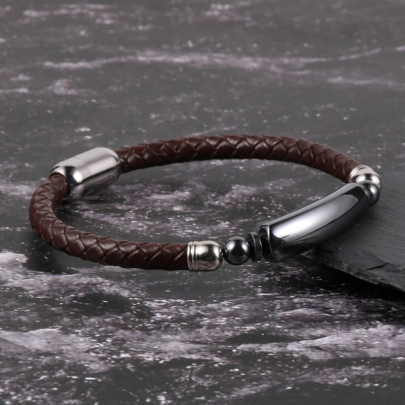 2022 m. naujos mados moterų vyriškos karvės odos apyrankės, natūralaus hematito vamzdžio žavesys, nerūdijančio plieno sagtis, apyrankės papuošalai