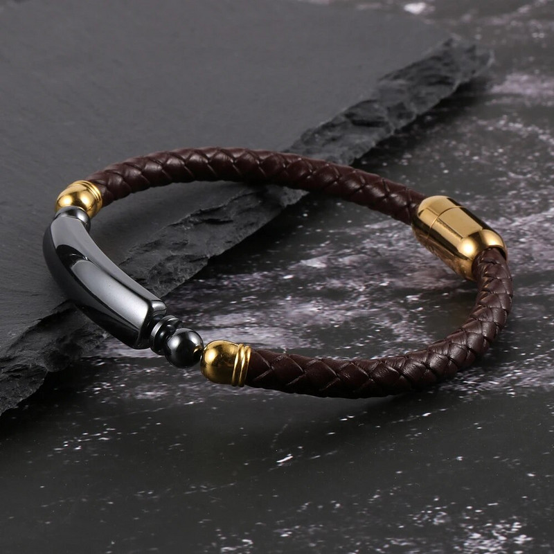 2022 m. naujos mados moterų vyriškos karvės odos apyrankės, natūralaus hematito vamzdžio žavesys, nerūdijančio plieno sagtis, apyrankės papuošalai