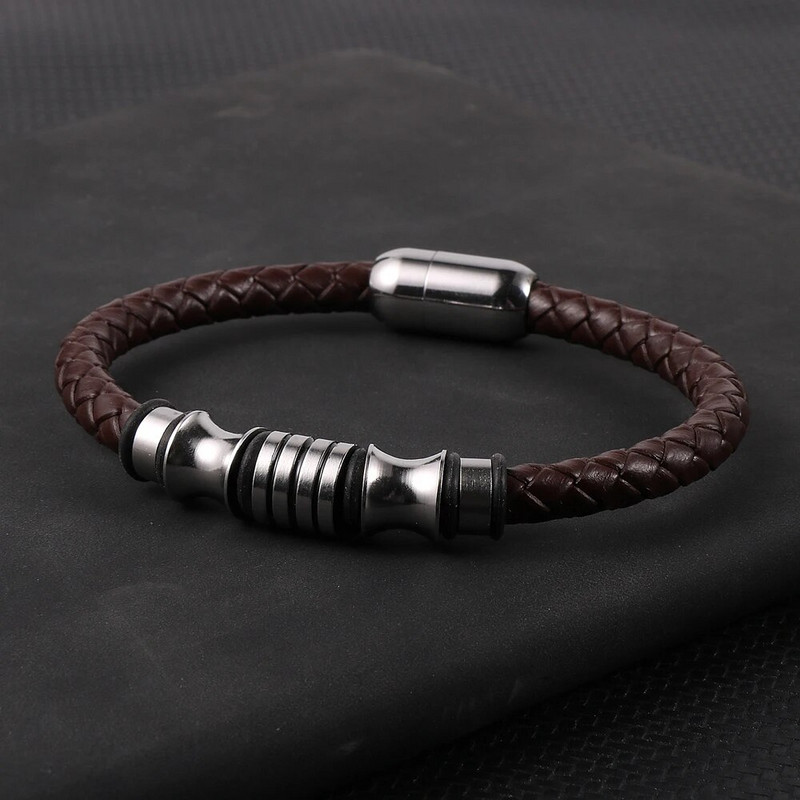 Karstā izpārdošana Punk Vīriešu Melns Brūns Govs ādas Ādas Rokassprādzes Nerūsējošā tērauda Caurules Šarms Magnētiska Sprādze Aproces Rotaslietas