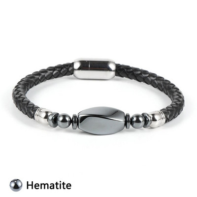 Vīriešu īstas ādas aproce Dabīgs dārgakmens akmens hematīts šam karte akmens tīģera acs nerūsējošā tērauda sprādzes rokassprādzes rotaslietas