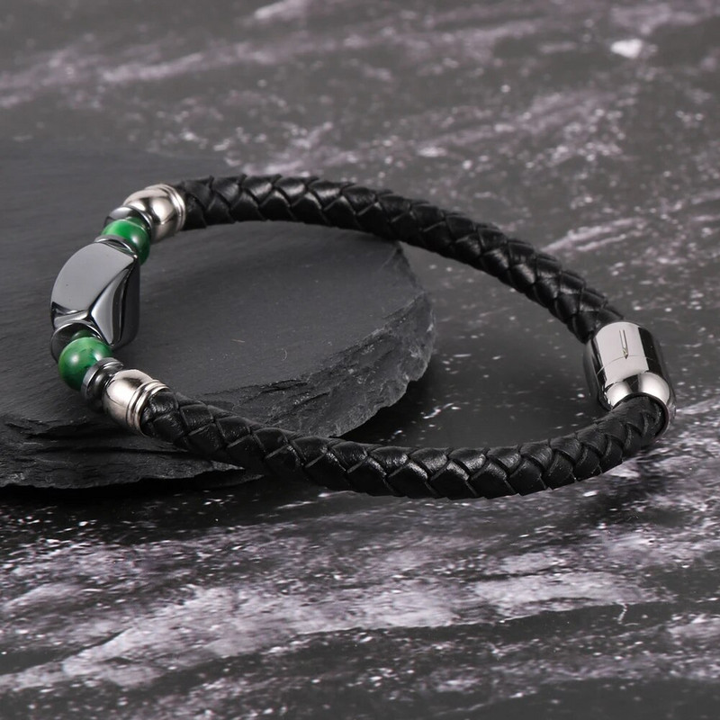 Vīriešu īstas ādas aproce Dabīgs dārgakmens akmens hematīts šam karte akmens tīģera acs nerūsējošā tērauda sprādzes rokassprādzes rotaslietas