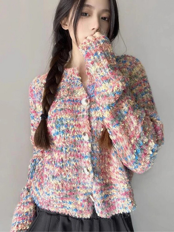 Zoki Rainbow Sweet Cardigan Moteriška Korėjietiška mada ilgomis rankovėmis megzti megztiniai rudeniniai moteriški elegantiški O kaklo laisvi laisvalaikio apatiniai drabužiai