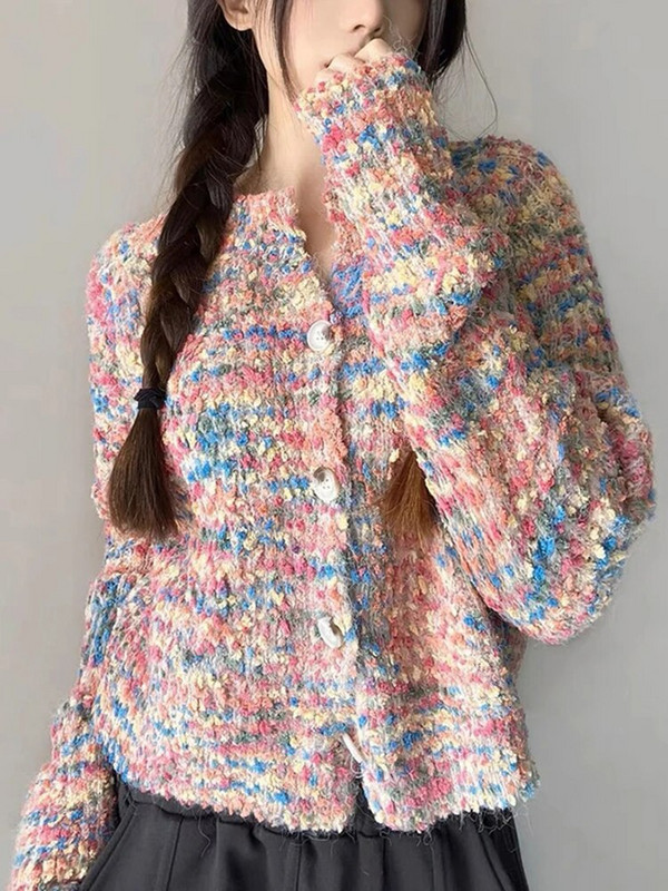 Zoki Rainbow Sweet Cardigan Moteriška Korėjietiška mada ilgomis rankovėmis megzti megztiniai rudeniniai moteriški elegantiški O kaklo laisvi laisvalaikio apatiniai drabužiai