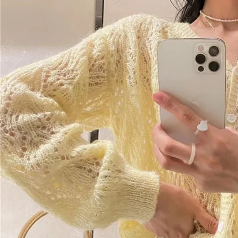 Női kardigán V-nyakú, szexi vájt hosszú ujjú, egysoros, édes egyszínű női mindennapi vékony tavaszi őszi lélegző