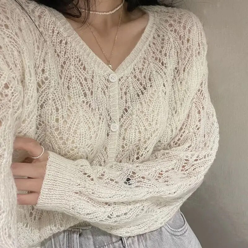 Női kardigán V-nyakú, szexi vájt hosszú ujjú, egysoros, édes egyszínű női mindennapi vékony tavaszi őszi lélegző