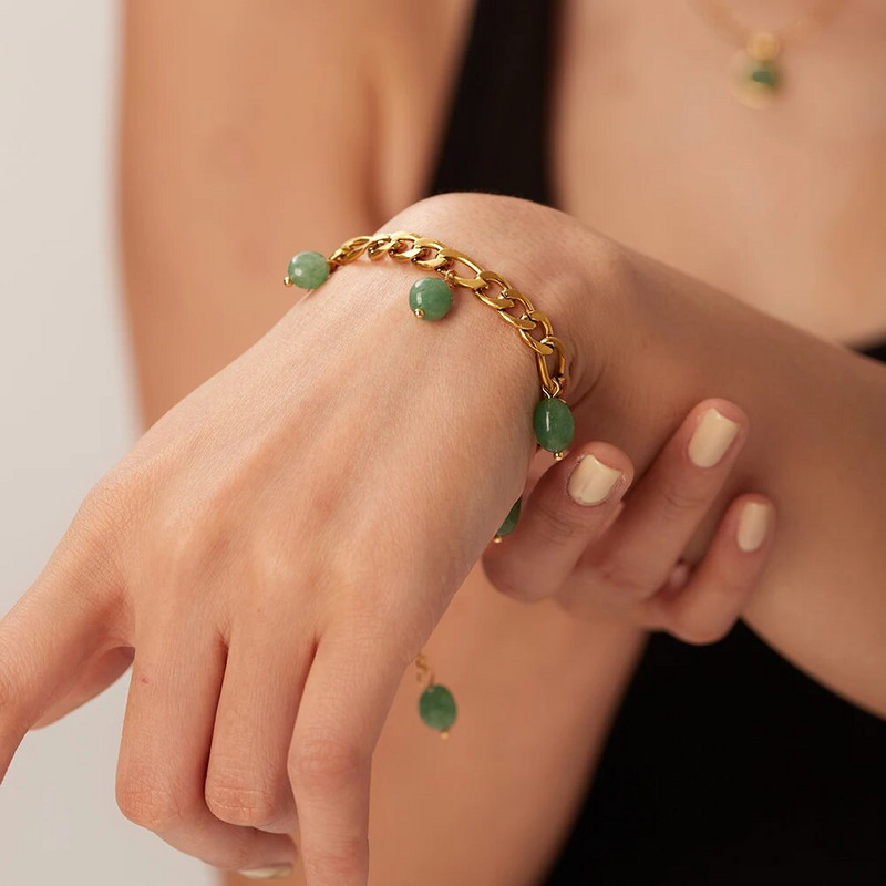 Karštas išpardavimas Bohemijos nerūdijančio plieno paauksuotas žalias akmuo kutais pakabukas Figaro grandinėlė unisex riešo papuošalai dovanos