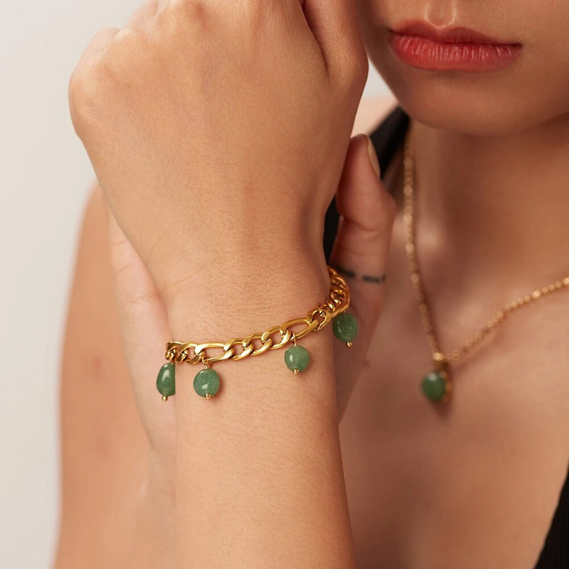 Karštas išpardavimas Bohemijos nerūdijančio plieno paauksuotas žalias akmuo kutais pakabukas Figaro grandinėlė unisex riešo papuošalai dovanos