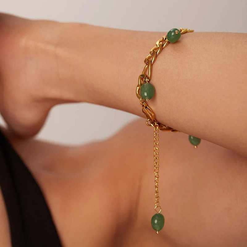 Karštas išpardavimas Bohemijos nerūdijančio plieno paauksuotas žalias akmuo kutais pakabukas Figaro grandinėlė unisex riešo papuošalai dovanos