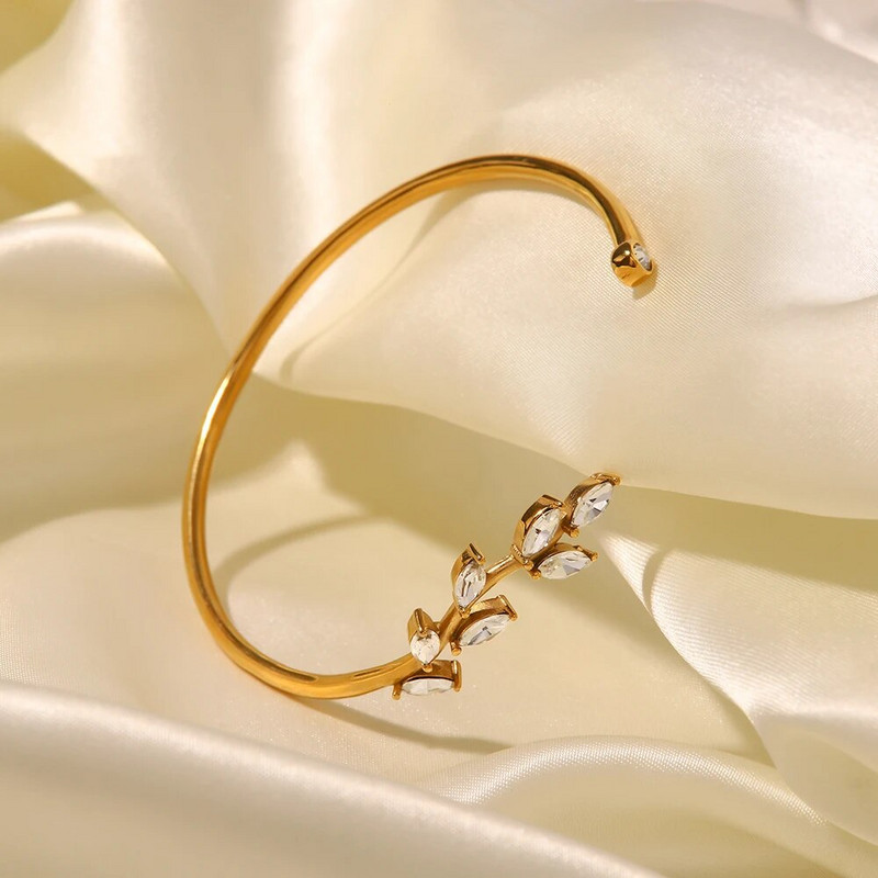 Youthway fehér zöld köbös cirkónia levél mandzsetta karkötő rozsdamentes acél vízálló arany színű divat ékszerek nőknek