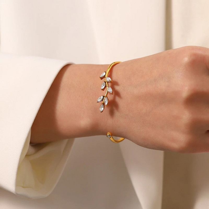 Youthway fehér zöld köbös cirkónia levél mandzsetta karkötő rozsdamentes acél vízálló arany színű divat ékszerek nőknek