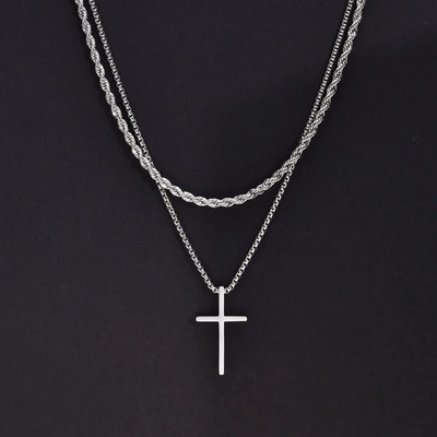 Ανδρικά κολιέ σταυρού Vnox, μενταγιόν από απλό σταυρό από ανοξείδωτο ατσάλι, κολιέ με αλυσίδα από σχοινί, κολάρο για απλή προσευχή Ιησού