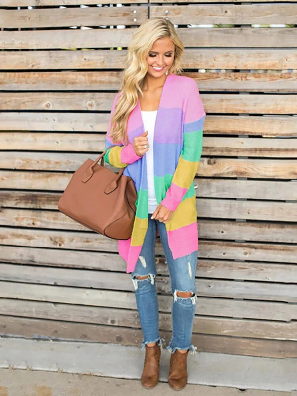 Fitshinling Rainbow svītrains, garš jakas džemperis Sieviešu trikotāžas apģērbs Krāsains ziemas mētelis Trikotāža Slim Ikdienas jakas Jaunums