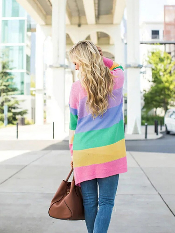 Fitshinling Rainbow svītrains, garš jakas džemperis Sieviešu trikotāžas apģērbs Krāsains ziemas mētelis Trikotāža Slim Ikdienas jakas Jaunums