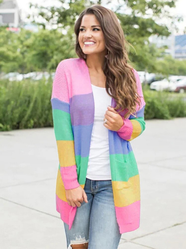 Fitshinling Rainbow svītrains, garš jakas džemperis Sieviešu trikotāžas apģērbs Krāsains ziemas mētelis Trikotāža Slim Ikdienas jakas Jaunums