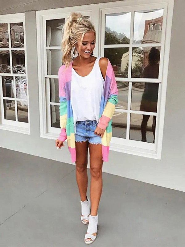 Fitshinling Rainbow svītrains, garš jakas džemperis Sieviešu trikotāžas apģērbs Krāsains ziemas mētelis Trikotāža Slim Ikdienas jakas Jaunums