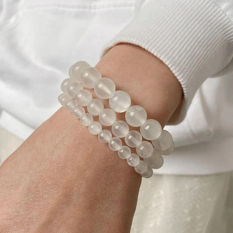 100% dabīga ģipša selenīta rokassprādze 6/8/10 mm apaļa balta smalka AAA akmens krelles rokassprādze Minerāls kaķu acu jogas līdzsvara rotaslietas