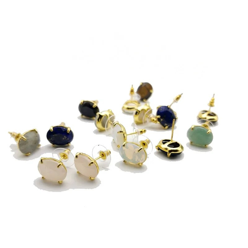 Οβάλ Σκουλαρίκια Καρφωτά Ασημί Χρώμα Φυσική Πέτρα με πολύπλευρη Ροζ Χαλαζία Κρύσταλλο Tiger Eye lapis lazuli Θεραπευτικό κόσμημα Γυναικείο