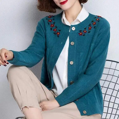 Ümarkaelusega nööp Loov splaissitud plisseeritud lilleline vintage kardigan kudumine vabaaja sügistalvine paks naisteriietega kampsun