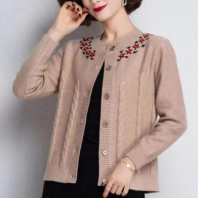 Ümarkaelusega nööp Loov splaissitud plisseeritud lilleline vintage kardigan kudumine vabaaja sügistalvine paks naisteriietega kampsun