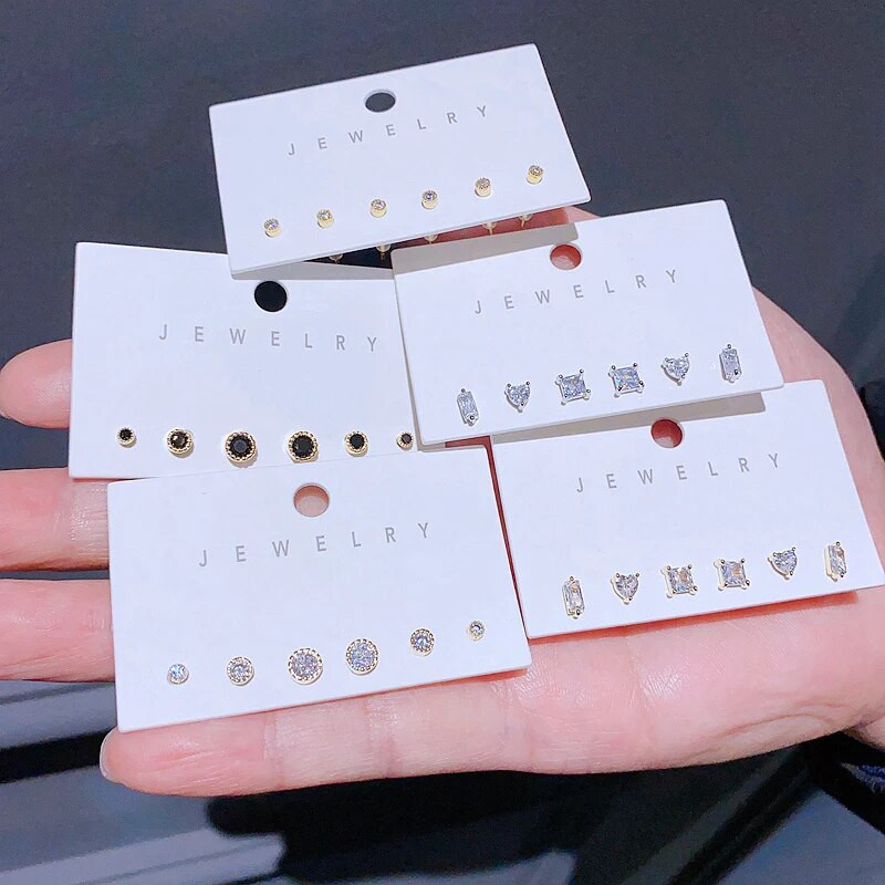 Madingas 6vnt Mini juodas skaidrus apvalus kubinis cirkonio auskarų rinkinys aukso/sidabro spalvos unisex papuošalai