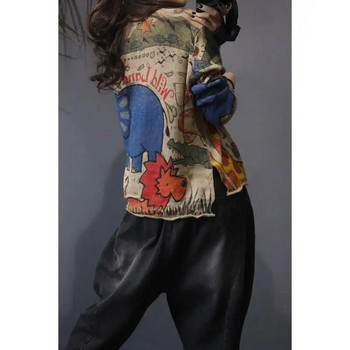 Φθινοπωρινό Χειμερινό Λεπτό Χαλαρό Κουμπί με V λαιμόκοψη Casual Streetwear Printing Straight Cardigan Γυναικεία Ρούχα Ασύμμετρα Vintage τοπ