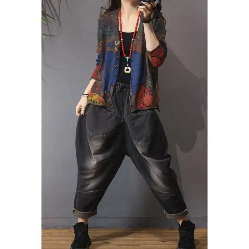 Őszi téli vékony, bő, V-nyakú gombos alkalmi utcai ruha nyomtatás, egyenes kardigán női ruházat aszimmetrikus vintage felsők