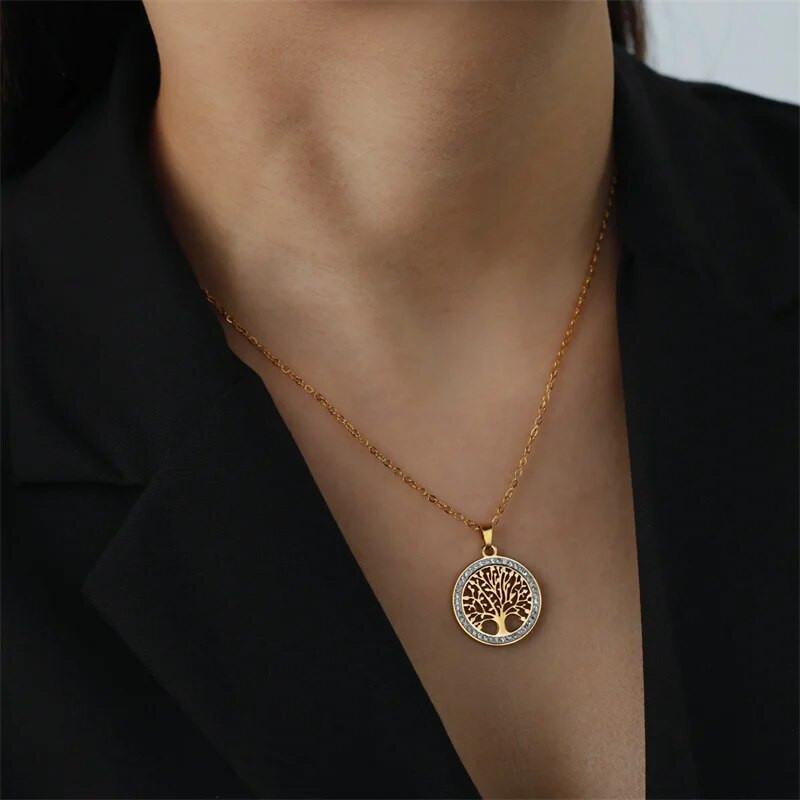 Divatos rozsdamentes acél strasszfa élet medál nyaklánc nőknek varázslatos nyári kulcscsont lánc ékszer ajándék Colgantes Cadena