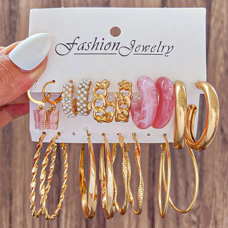 6 részes készlet gyanta arany színű fém karika fülbevaló szett női lányoknak színes gyanta karika fülbevaló trend divat ékszer új ajándék