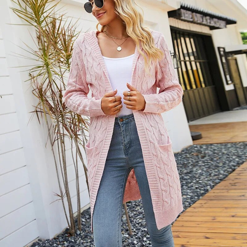 Egyszerű stílusú kapucnis kötött kardigán női alkalmi hosszú ujjú pulóver kabát bő hosszú felsők női csavart kötél zsebes utcai ruházat