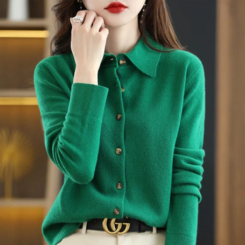 2023 Моден дамски качествен пуловер от 100% мериносова вълна Жилетка с дълъг ръкав Поло яка Пролетно есенно облекло Плетива Горнища