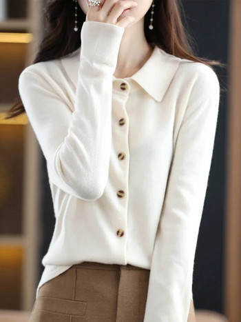 2023 Fashion Woman Ποιότητα 100% Μαλλί Merino Ζακέτα με μακρυμάνικο γιακά πόλο για άνοιξη Πλεκτά μπλουζάκια