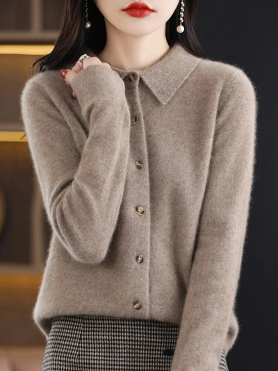 2023 m. mados moters kokybė 100 % merino vilnos megztinis ilgomis rankovėmis kardiganas su apykakle pavasario rudens drabužiai trikotažo viršūnės