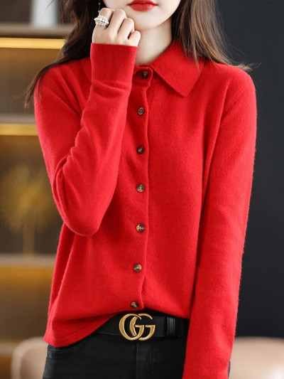 2023 m. mados moters kokybė 100 % merino vilnos megztinis ilgomis rankovėmis kardiganas su apykakle pavasario rudens drabužiai trikotažo viršūnės