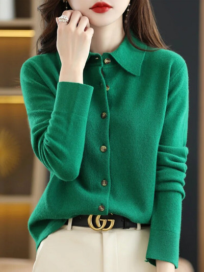 2023 m. mados moters kokybė 100 % merino vilnos megztinis ilgomis rankovėmis kardiganas su apykakle pavasario rudens drabužiai trikotažo viršūnės