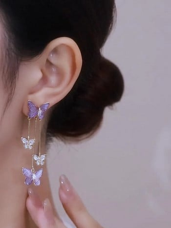 Модни естетични лилави висящи обеци с пеперуди от кристали за жени Дълги обеци с пискюл Сватбено парти Изящни бижута Подарък