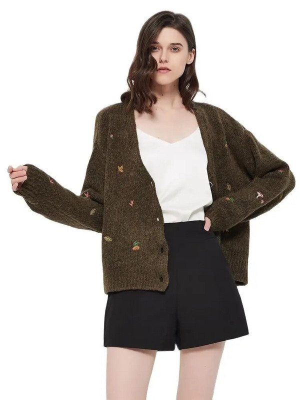 XNWMNZ NEW sieviešu Vintage trikotāžas jaka ar izšuvumu Garām piedurknēm V veida kakla izgriezums Sieviešu elegants džemperis rudens mētelis sievietēm