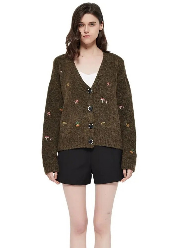 XNWMNZ NEW sieviešu Vintage trikotāžas jaka ar izšuvumu Garām piedurknēm V veida kakla izgriezums Sieviešu elegants džemperis rudens mētelis sievietēm