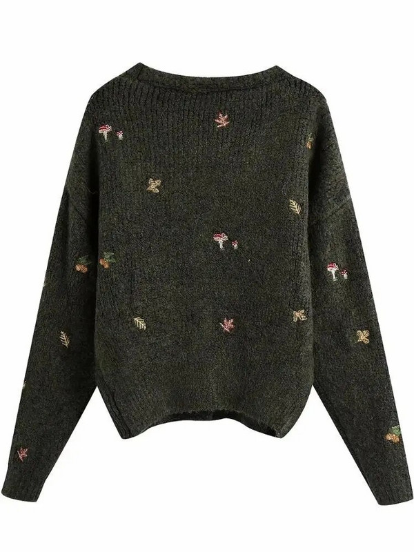 XNWMNZ NEW sieviešu Vintage trikotāžas jaka ar izšuvumu Garām piedurknēm V veida kakla izgriezums Sieviešu elegants džemperis rudens mētelis sievietēm