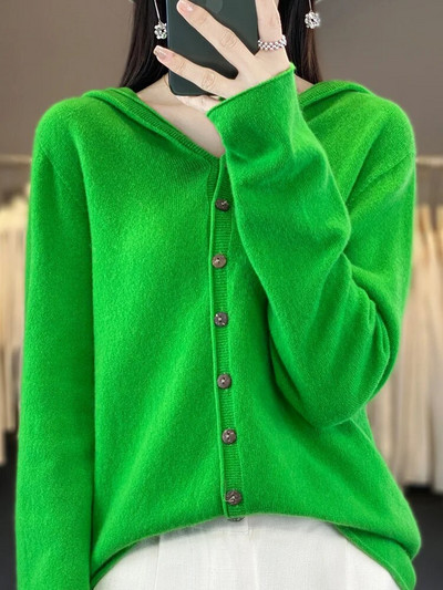 Sieviešu jaka ar garām piedurknēm Apģērbi Džemperis 2023. gada modes 100% merino vilnas džemperi ar kapuci Pavasara rudens ziemas trikotāža