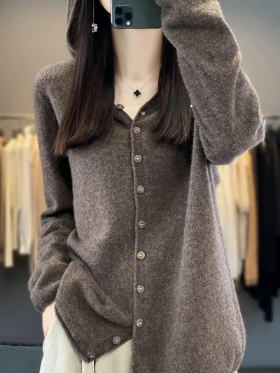 Sieviešu jaka ar garām piedurknēm Apģērbi Džemperis 2023. gada modes 100% merino vilnas džemperi ar kapuci Pavasara rudens ziemas trikotāža