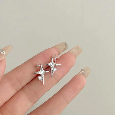 2023 Модни сребърни цветни кръстосани звездни обеци с циркон за жени Момиче Корейски четирилъчеви звездни личностни обеци Бижута