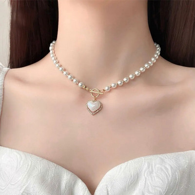Prabangūs imituoti perlų širdies pakabukai karoliai Elegantiški karoliukais papuošti kaklo karoliai moterims vakarėliams papuošalai Valentino dienos dovanos