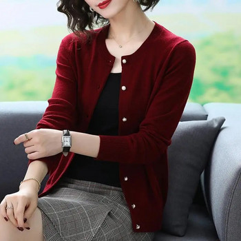 Μόδα Κορεάτικες ζακέτες πλεκτού Γυναικείες Συμπαγές κομψό μακρυμάνικο πουλόβερ με λαιμόκοψη O-λαιμόκοψη μονόστομο Casual allmatch τζάκετ